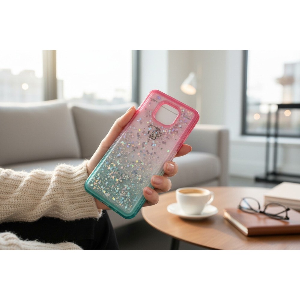 NZND Phone Case Women Motorola G Power 2021 Pink Aqua Brand New Glitter Heart